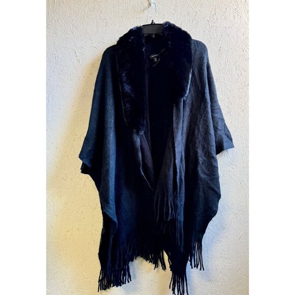INC Inter. Concepts faux-fur trim fringe open front ruana poncho topper - Black - Picture 4 of 7